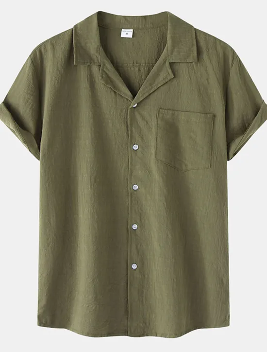 New OUKU Men's Cotton Linen Shirt White Cotton Shirt Summer Shirt Casual Shirt Cuban Collar Shirt Plain Vacation Hawaiian Black White Yellow Green Short Sleeve Lapel Spring & Summer Clothing Apparel Pocket