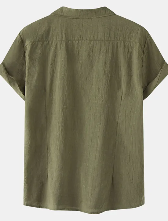 New OUKU Men's Cotton Linen Shirt White Cotton Shirt Summer Shirt Casual Shirt Cuban Collar Shirt Plain Vacation Hawaiian Black White Yellow Green Short Sleeve Lapel Spring & Summer Clothing Apparel Pocket