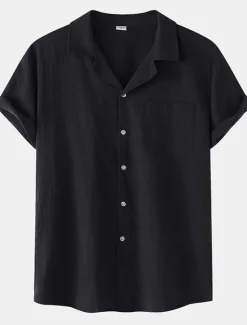 New OUKU Men's Cotton Linen Shirt White Cotton Shirt Summer Shirt Casual Shirt Cuban Collar Shirt Plain Vacation Hawaiian Black White Yellow Green Short Sleeve Lapel Spring & Summer Clothing Apparel Pocket