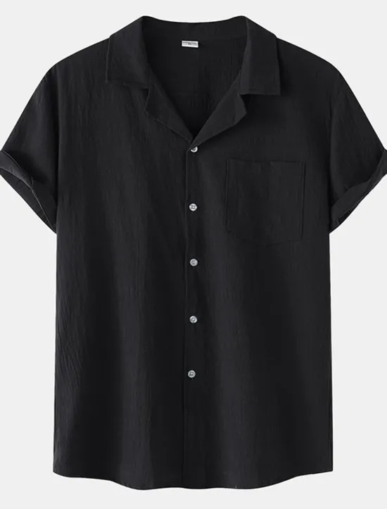 New OUKU Men's Cotton Linen Shirt White Cotton Shirt Summer Shirt Casual Shirt Cuban Collar Shirt Plain Vacation Hawaiian Black White Yellow Green Short Sleeve Lapel Spring & Summer Clothing Apparel Pocket
