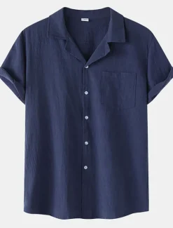 New OUKU Men's Cotton Linen Shirt White Cotton Shirt Summer Shirt Casual Shirt Cuban Collar Shirt Plain Vacation Hawaiian Black White Yellow Green Short Sleeve Lapel Spring & Summer Clothing Apparel Pocket