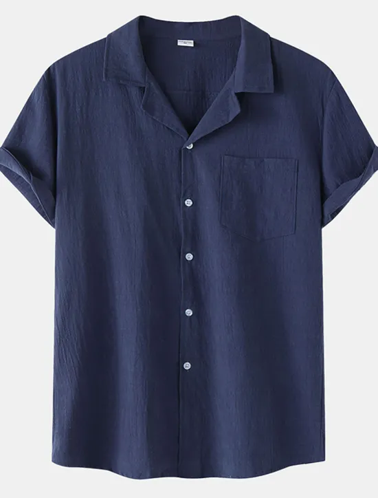 New OUKU Men's Cotton Linen Shirt White Cotton Shirt Summer Shirt Casual Shirt Cuban Collar Shirt Plain Vacation Hawaiian Black White Yellow Green Short Sleeve Lapel Spring & Summer Clothing Apparel Pocket