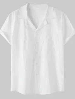 New OUKU Men's Cotton Linen Shirt White Cotton Shirt Summer Shirt Casual Shirt Cuban Collar Shirt Plain Vacation Hawaiian Black White Yellow Green Short Sleeve Lapel Spring & Summer Clothing Apparel Pocket