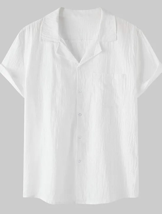 New OUKU Men's Cotton Linen Shirt White Cotton Shirt Summer Shirt Casual Shirt Cuban Collar Shirt Plain Vacation Hawaiian Black White Yellow Green Short Sleeve Lapel Spring & Summer Clothing Apparel Pocket