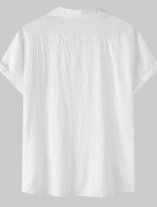 New OUKU Men's Cotton Linen Shirt White Cotton Shirt Summer Shirt Casual Shirt Cuban Collar Shirt Plain Vacation Hawaiian Black White Yellow Green Short Sleeve Lapel Spring & Summer Clothing Apparel Pocket