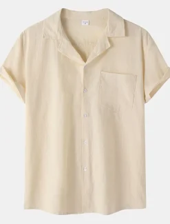New OUKU Men's Cotton Linen Shirt White Cotton Shirt Summer Shirt Casual Shirt Cuban Collar Shirt Plain Vacation Hawaiian Black White Yellow Green Short Sleeve Lapel Spring & Summer Clothing Apparel Pocket