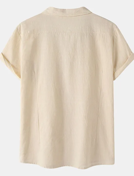 New OUKU Men's Cotton Linen Shirt White Cotton Shirt Summer Shirt Casual Shirt Cuban Collar Shirt Plain Vacation Hawaiian Black White Yellow Green Short Sleeve Lapel Spring & Summer Clothing Apparel Pocket