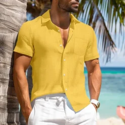 Discount OUKU Men's Cotton Linen Shirt White Cotton Shirt Summer Shirt Casual Shirt Cuban Collar Shirt Plain Vacation Curise Black White Navy Blue Khaki Short Sleeve Lapel Spring & Summer Clothing Apparel Pocket