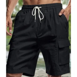 Online OUKU Men's Cotton Linen Shorts Cargo Shorts Shorts Summer Shorts Drawstring Elastic Waist Multi Pocket Plain Comfort Wearable Knee Length Outdoor Sport Daily Fashion Casual Black White Micro-elastic
