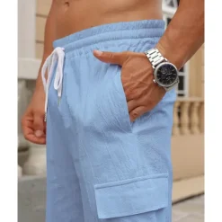Online OUKU Men's Cotton Linen Shorts Cargo Shorts Shorts Summer Shorts Drawstring Elastic Waist Multi Pocket Plain Comfort Wearable Knee Length Outdoor Sport Daily Fashion Casual Black White Micro-elastic