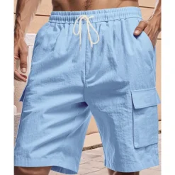 Online OUKU Men's Cotton Linen Shorts Cargo Shorts Shorts Summer Shorts Drawstring Elastic Waist Multi Pocket Plain Comfort Wearable Knee Length Outdoor Sport Daily Fashion Casual Black White Micro-elastic
