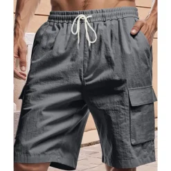 Online OUKU Men's Cotton Linen Shorts Cargo Shorts Shorts Summer Shorts Drawstring Elastic Waist Multi Pocket Plain Comfort Wearable Knee Length Outdoor Sport Daily Fashion Casual Black White Micro-elastic