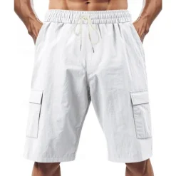 Online OUKU Men's Cotton Linen Shorts Cargo Shorts Shorts Summer Shorts Drawstring Elastic Waist Multi Pocket Plain Comfort Wearable Knee Length Outdoor Sport Daily Fashion Casual Black White Micro-elastic