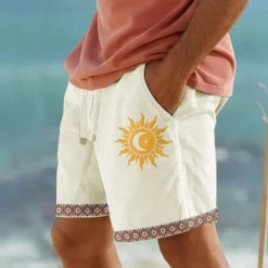 Sale OUKU Men's Cotton Linen Shorts Summer Shorts Beach Shorts Print Drawstring Elastic Waist Sun Comfort Breathable Short Outdoor Holiday Going out Cotton Blend Hawaiian Ethnic Style White Army Green