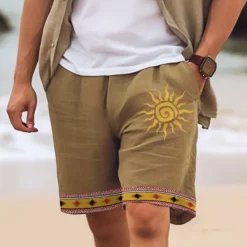 New OUKU Men's Cotton Linen Shorts Summer Shorts Beach Shorts Print Drawstring Elastic Waist Sun Comfort Breathable Short Outdoor Holiday Going out Cotton Blend Ethnic Style Casual White Pink
