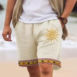 New OUKU Men's Cotton Linen Shorts Summer Shorts Beach Shorts Print Drawstring Elastic Waist Sun Comfort Breathable Short Outdoor Holiday Going out Cotton Blend Ethnic Style Casual White Pink