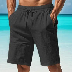 Clearance OUKU Men's Cotton Linen Shorts Pocket Drawstring Elastic Waist Plain Comfort Breathable Short Vacation Black White