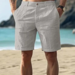 Hot OUKU Men's Cotton Linen Shorts Summer Shorts Beach Shorts Buttons Pocket Plain Comfort Breathable Short Vacation Holiday Beach Hawaiian Boho White Khaki
