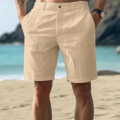 Hot OUKU Men's Cotton Linen Shorts Summer Shorts Beach Shorts Buttons Pocket Plain Comfort Breathable Short Vacation Holiday Beach Hawaiian Boho White Khaki