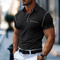 Clearance OUKU Men's Cotton Polo Shirt Golf Shirt Work Casual Lapel Short Sleeve Basic Modern Color Block Patchwork Button Spring & Summer Regular Fit Army Green Lake blue Forest Green Black White Burgundy Cotton