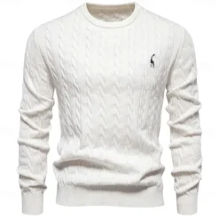 Hot OUKU Men's Cotton Pullover Sweater Jumper Knit Embroidery Deer Crew Neck Knitwear Elegant Christmas Outdoor Clothing Apparel Fall Winter Black White S M L