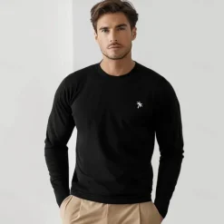 Sale OUKU Men's Cotton T shirt Tee Embroidered Palm Tree Crew Neck Training Outdoor Long Sleeve Clothing Apparel Elegant Warm Vacation Vintage