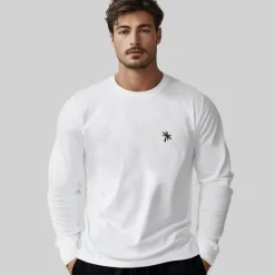 Sale OUKU Men's Cotton T shirt Tee Embroidered Palm Tree Crew Neck Training Outdoor Long Sleeve Clothing Apparel Elegant Warm Vacation Vintage