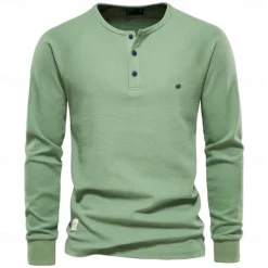 Sale OUKU Men's Cotton Waffle Shirt Henley School Training Long Sleeve Button Clothing Apparel Elegant Warm Active Vintage