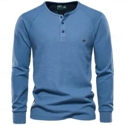 Sale OUKU Men's Cotton Waffle Shirt Henley School Training Long Sleeve Button Clothing Apparel Elegant Warm Active Vintage