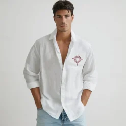 OUKU Men's Couples' Cotton Linen Shirt Valentines Day Shirt Heart Outdoor Vacation Long Sleeve Turndown Summer Spring Clothing Apparel White