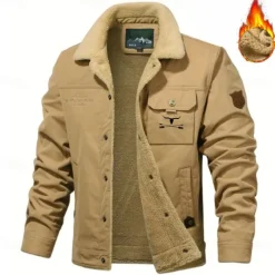 OUKU Men's Cow Print Embroidered Fleece Jacket Sherpa Trucker Jacket Work Cargo Jacket Turn-Down Collar Warm Winter Cotton Jacket Vintage Casual Sports Outdoor Coat Multi-Pockets