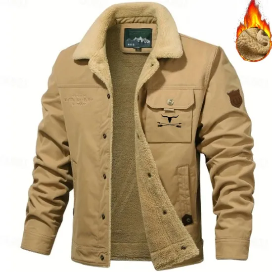 OUKU Men's Cow Print Embroidered Fleece Jacket Sherpa Trucker Jacket Work Cargo Jacket Turn-Down Collar Warm Winter Cotton Jacket Vintage Casual Sports Outdoor Coat Multi-Pockets