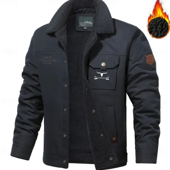 OUKU Men's Cow Print Embroidered Fleece Jacket Sherpa Trucker Jacket Work Cargo Jacket Turn-Down Collar Warm Winter Cotton Jacket Vintage Casual Sports Outdoor Coat Multi-Pockets