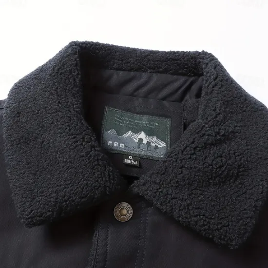 OUKU Men's Cow Print Embroidered Fleece Jacket Sherpa Trucker Jacket Work Cargo Jacket Turn-Down Collar Warm Winter Cotton Jacket Vintage Casual Sports Outdoor Coat Multi-Pockets