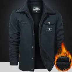 New OUKU Men's Cow Print Embroidered Fleece Jacket Sherpa Trucker Jacket Work Cargo Jacket Turn-Down Collar Warm Winter Cotton Jacket Vintage Casual Going Out Coat Multi-Pockets