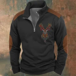 Online OUKU Men's Cow Print Hunting Sweatshirts Quarter Zip Sweatshirt Long Sleeve Sweatshirt Stand Collar Vintage Retro Western Cowboy 3D Printing Hunting Zipper Winter Spring & Fall Black