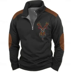 Online OUKU Men's Cow Print Hunting Sweatshirts Quarter Zip Sweatshirt Long Sleeve Sweatshirt Stand Collar Vintage Retro Western Cowboy 3D Printing Hunting Zipper Winter Spring & Fall Black