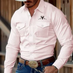 Best OUKU Men's Cow Print Western Shirt Button Up Shirt Shirt Jacket Long Sleeve Fashion Casual Outdoor Streetwear Spring Fall Turndown Collared Shirts Front Two Pockets Light Blue White Pink
