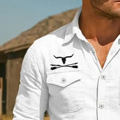 Outlet OUKU Men's Cow Print Western Shirt Button Up Shirt Cowboy Shirt Long Sleeve Vintage Retro Outdoor Holiday Summer Spring Fall Turndown Collared Shirts Front Two Pockets Black White