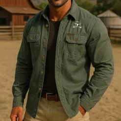 Outlet OUKU Men's Cow Print Work Shirt Western Shirt Cargo Shirt Long Sleeve Casual Tactical Sports Outdoor WorkWear Spring Fall Turndown Front Two Pockets Button Up Shirts Army Green Khaki