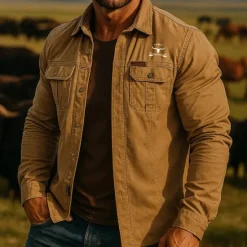 Outlet OUKU Men's Cow Print Work Shirt Western Shirt Cargo Shirt Long Sleeve Casual Tactical Sports Outdoor WorkWear Spring Fall Turndown Front Two Pockets Button Up Shirts Army Green Khaki