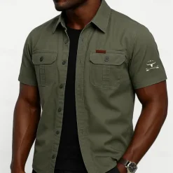Outlet OUKU Men's Cow Print Work Shirt Western Shirt Cargo Shirt Short Sleeve Casual Tactical Sports Outdoor Going out Summer Spring Turndown Graphic Cotton Button Up Shirts Army Green Khaki Beige