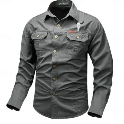 Best OUKU Men's Cow Work Shirt Western Shirt Cargo Shirt Long Sleeve Casual Tactical Sports & Outdoor Going out Winter Spring & Fall Turndown Print Black Grey Black White Army Green Red