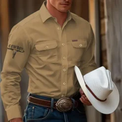 Best OUKU Men's Cow Work Shirt Western Shirt Cargo Shirt Long Sleeve Casual Tactical Sports & Outdoor Going out Winter Spring & Fall Turndown Print Black off-white Khaki