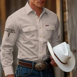 Best OUKU Men's Cow Work Shirt Western Shirt Cargo Shirt Long Sleeve Casual Tactical Sports & Outdoor Going out Winter Spring & Fall Turndown Print Black off-white Khaki