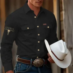 Best OUKU Men's Cow Work Shirt Western Shirt Cargo Shirt Long Sleeve Casual Tactical Sports & Outdoor Going out Winter Spring & Fall Turndown Print Black off-white Khaki