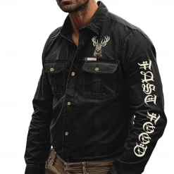 OUKU Men's Cowboy Deer Work Shirt Western Shirt Cargo Shirt Long Sleeve Vintage Casual Tactical Sports & Outdoor Going out Winter Spring & Fall Turndown Print Black