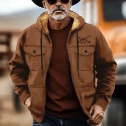 Hot OUKU Men's Cowboy Fleece Hoodies Fashion Cool Long Sleeve Hooded Holiday Streetwear Black Brown Zipper Pocket Fall Winter Designer