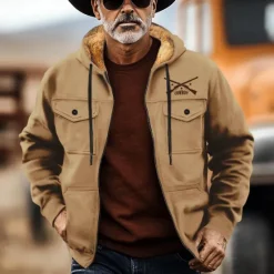 Hot OUKU Men's Cowboy Fleece Hoodies Fashion Cool Long Sleeve Hooded Holiday Streetwear Black Brown Zipper Pocket Fall Winter Designer