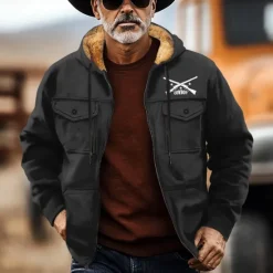 Hot OUKU Men's Cowboy Fleece Hoodies Fashion Cool Long Sleeve Hooded Holiday Streetwear Black Brown Zipper Pocket Fall Winter Designer